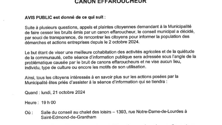 Séance d'information sur la nuisance sonore causée par l'utilisation d'un canon effaroucheur