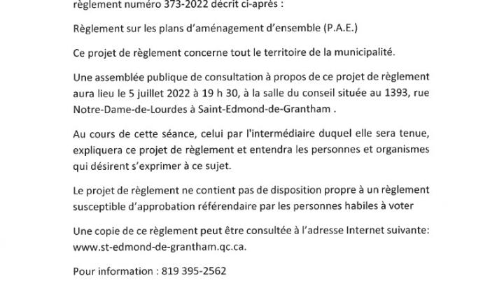 Avis de la tenue d'une assemblée publique de consultation