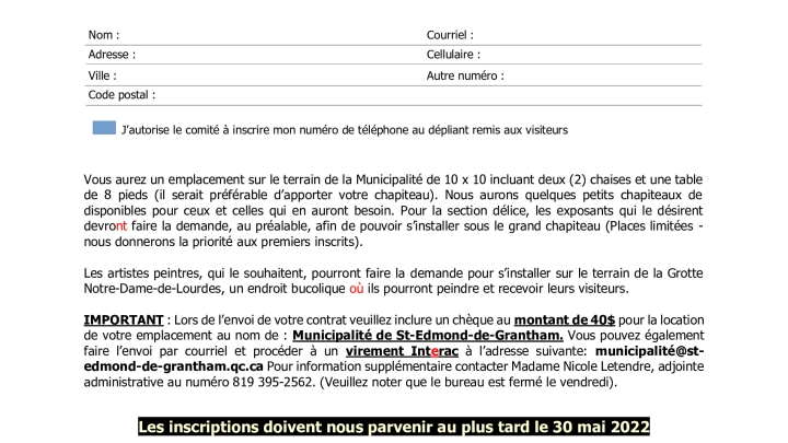 Art & Délice Formulaire d'inscription et Règlements