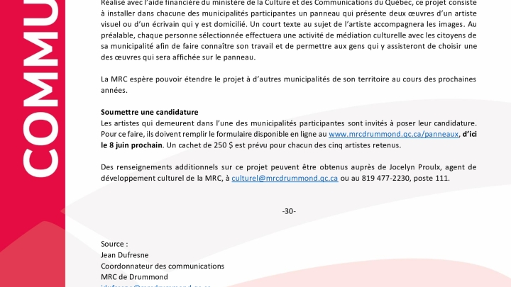 Appel aux artistes de cinq municipalités de la MRC