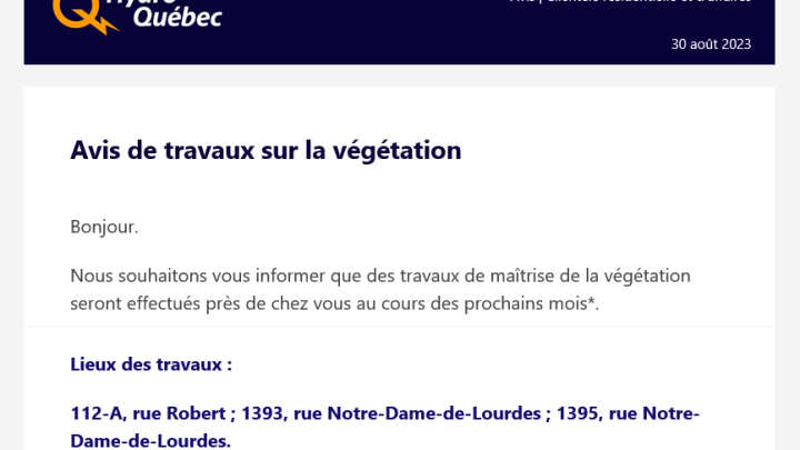 Avis de travaux sur la végétation