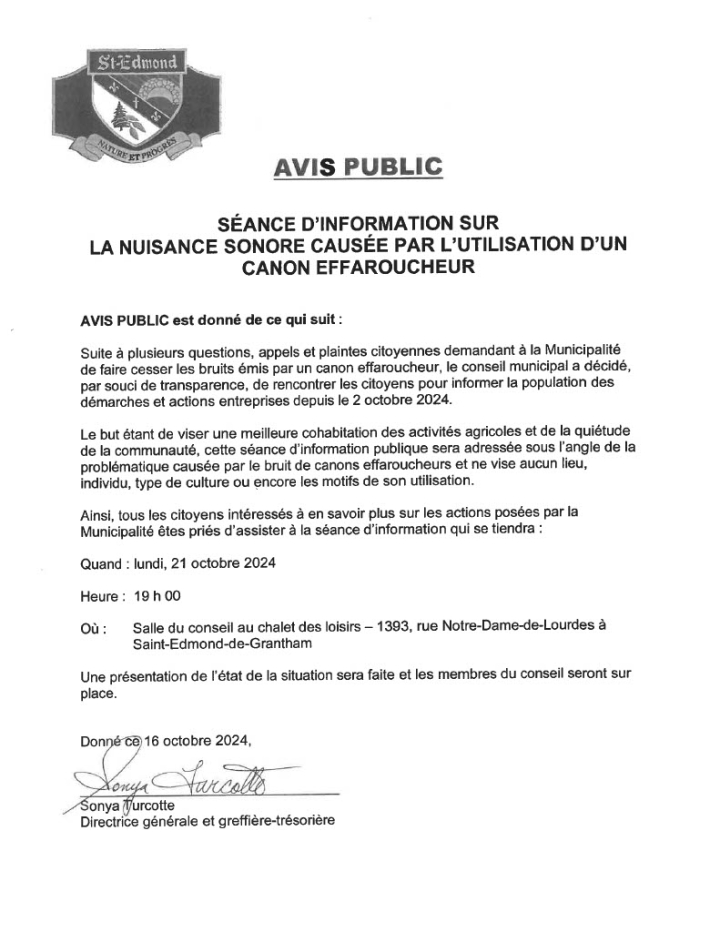 Séance d'information sur la nuisance sonore causée par l'utilisation d'un canon effaroucheur