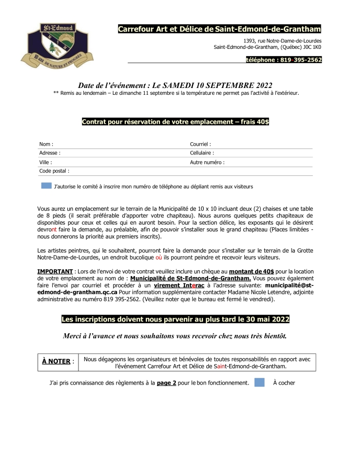 Art & Délice Formulaire d'inscription et Règlements