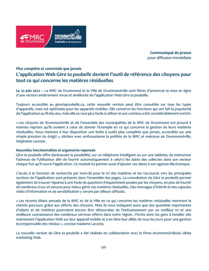 Bonification de l'application Gère ta poubelle