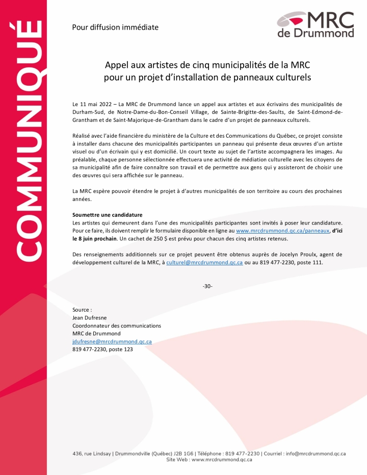 Appel aux artistes de cinq municipalités de la MRC
