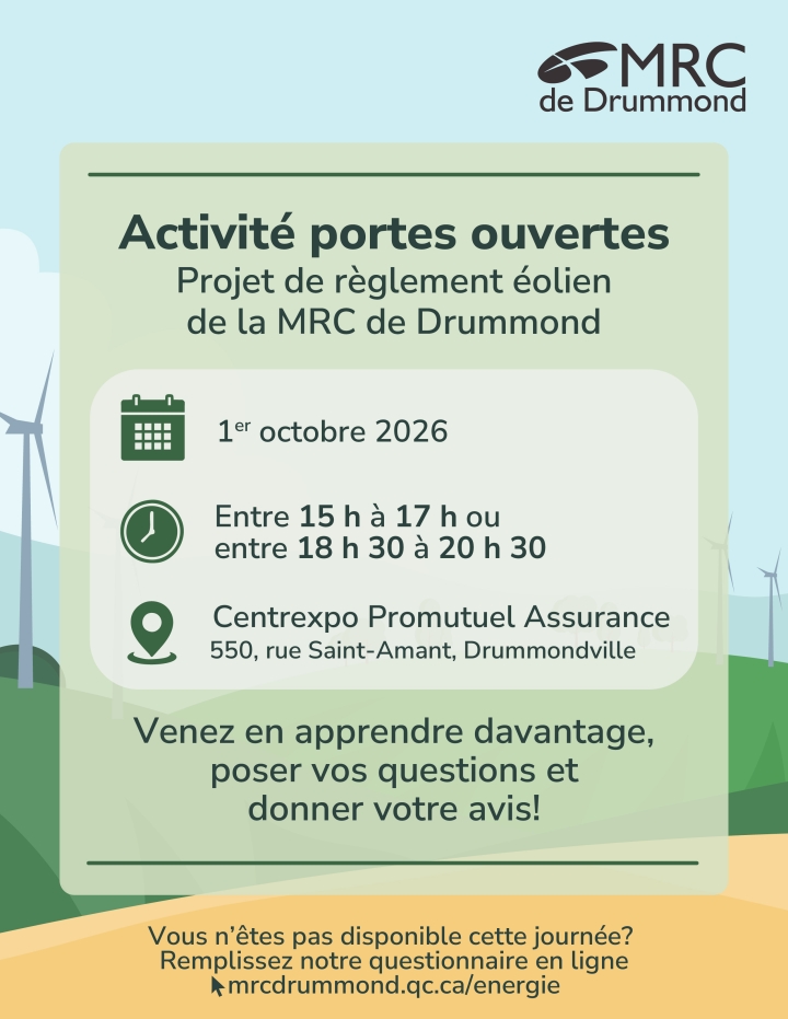 La MRC de Drummond tiendra une activité portes ouvertes au sujet de son projet de règlement sur l'éolien