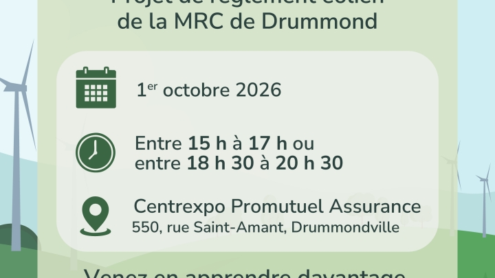 La MRC de Drummond tiendra une activité portes ouvertes au sujet de son projet de règlement sur l'éolien