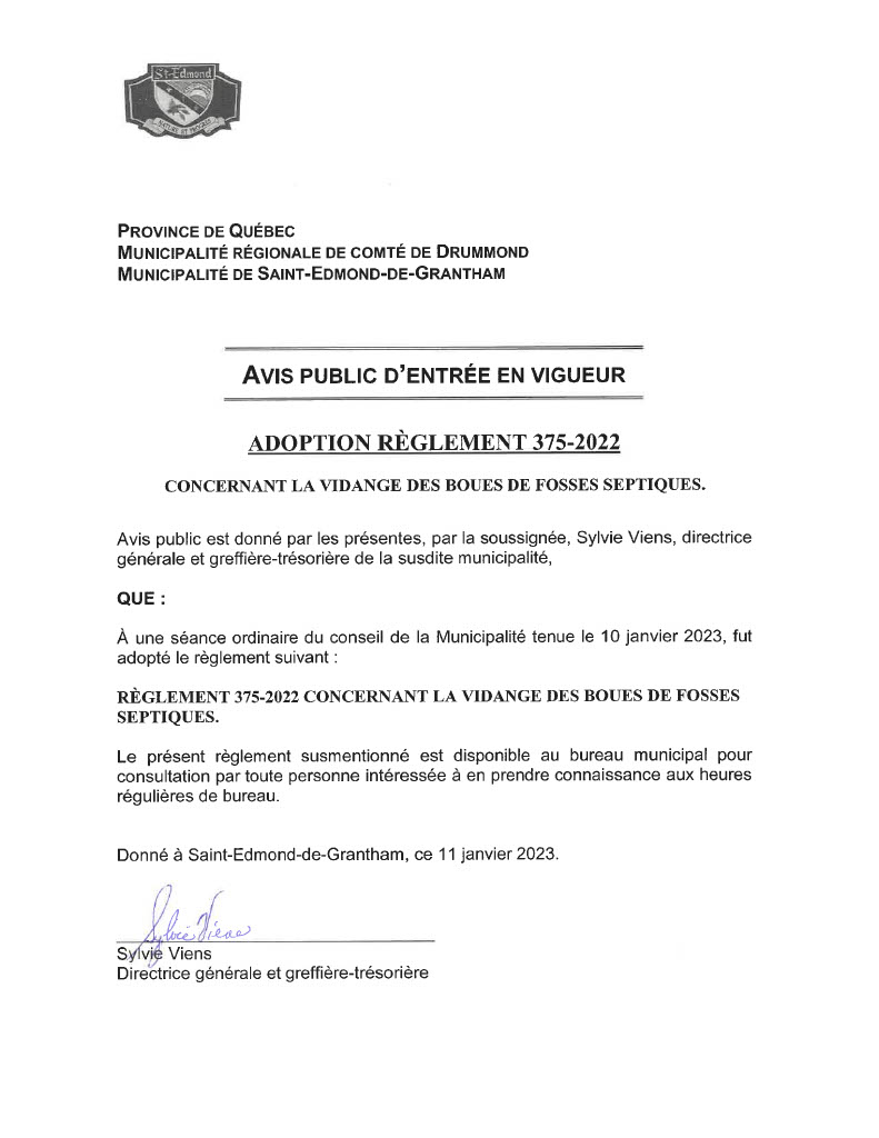 Avis d'entrée en vigueur règlement 375-2022