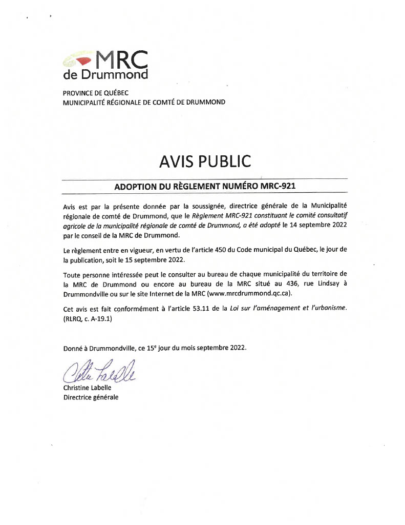 Avis public adoption règlement MRC-921