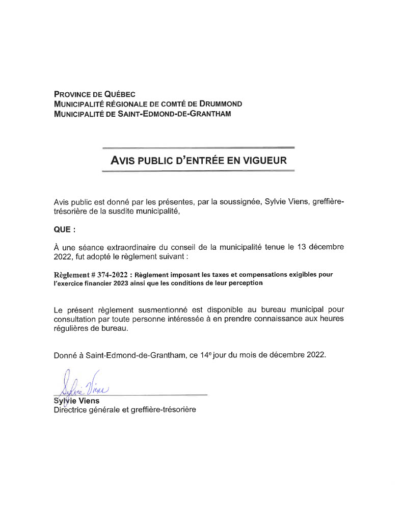 Avis d'entrée en vigueur règlement 374-2022