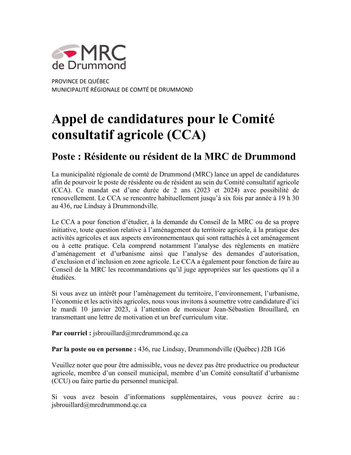 Appel de candidatures CCA