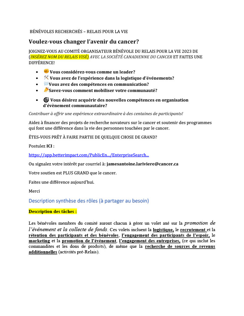 Bénévoles recherché - Relais pour la vie