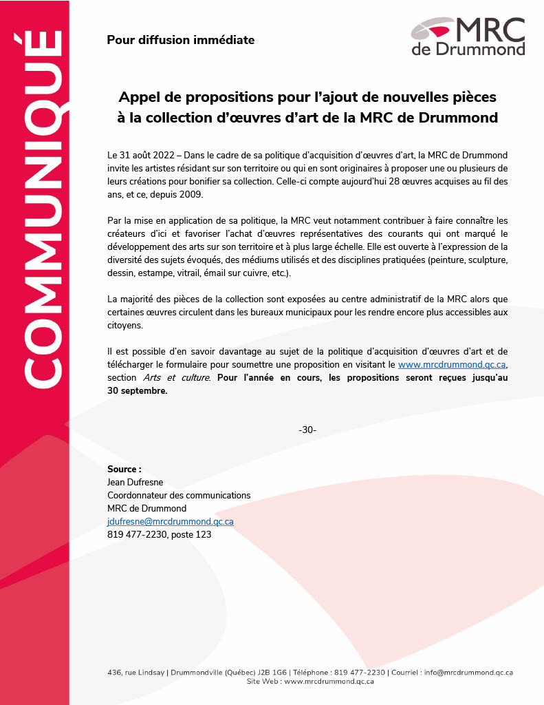 Appel pour l'acquisition d'oeuvres d'art